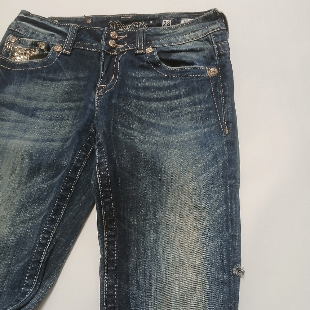 Miss Me Women's Size 28 Low Rise Boot Cut Blue Jeans with Silver Accents Pockets - Picture 6 of 9